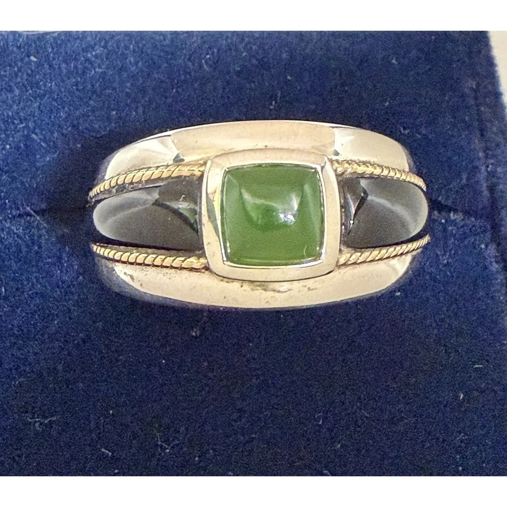 Mens 925 Sterling Silver 14K Gold Green Jade Black Onyx Ring Size 10 7.85g